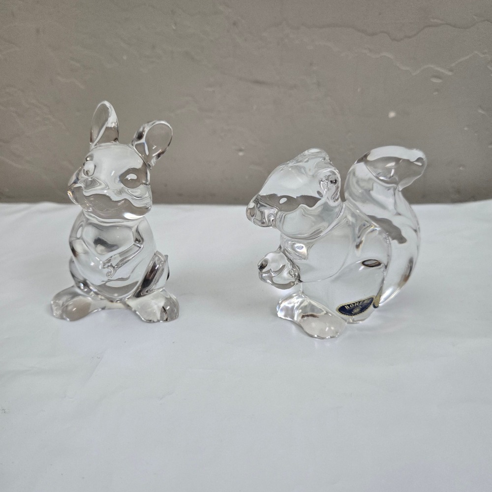 Bohemia Clear Crystal Animal Figurines Set Rabbit Squirrel Czech Lead Glass Art